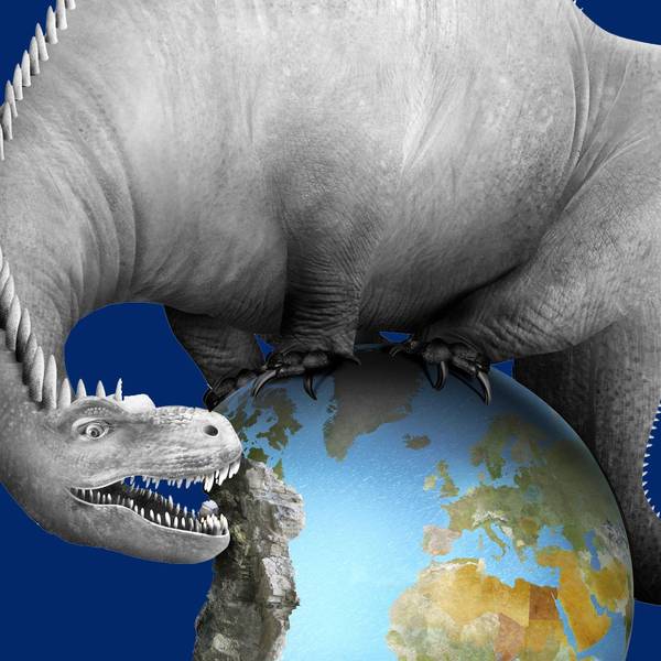 Ein Dinosaurier frisst die Welt auf.