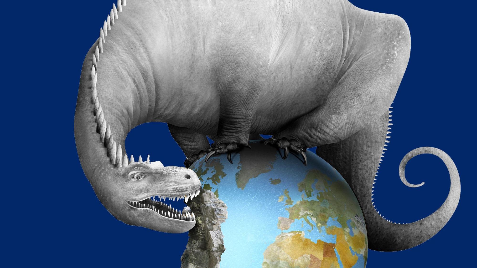 Ein Dinosaurier frisst die Erde auf.