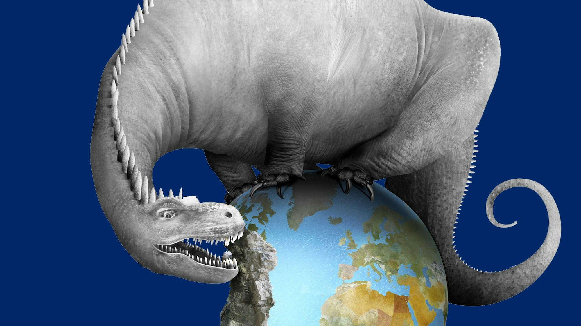 Ein Dinosaurier frisst die Erde auf.