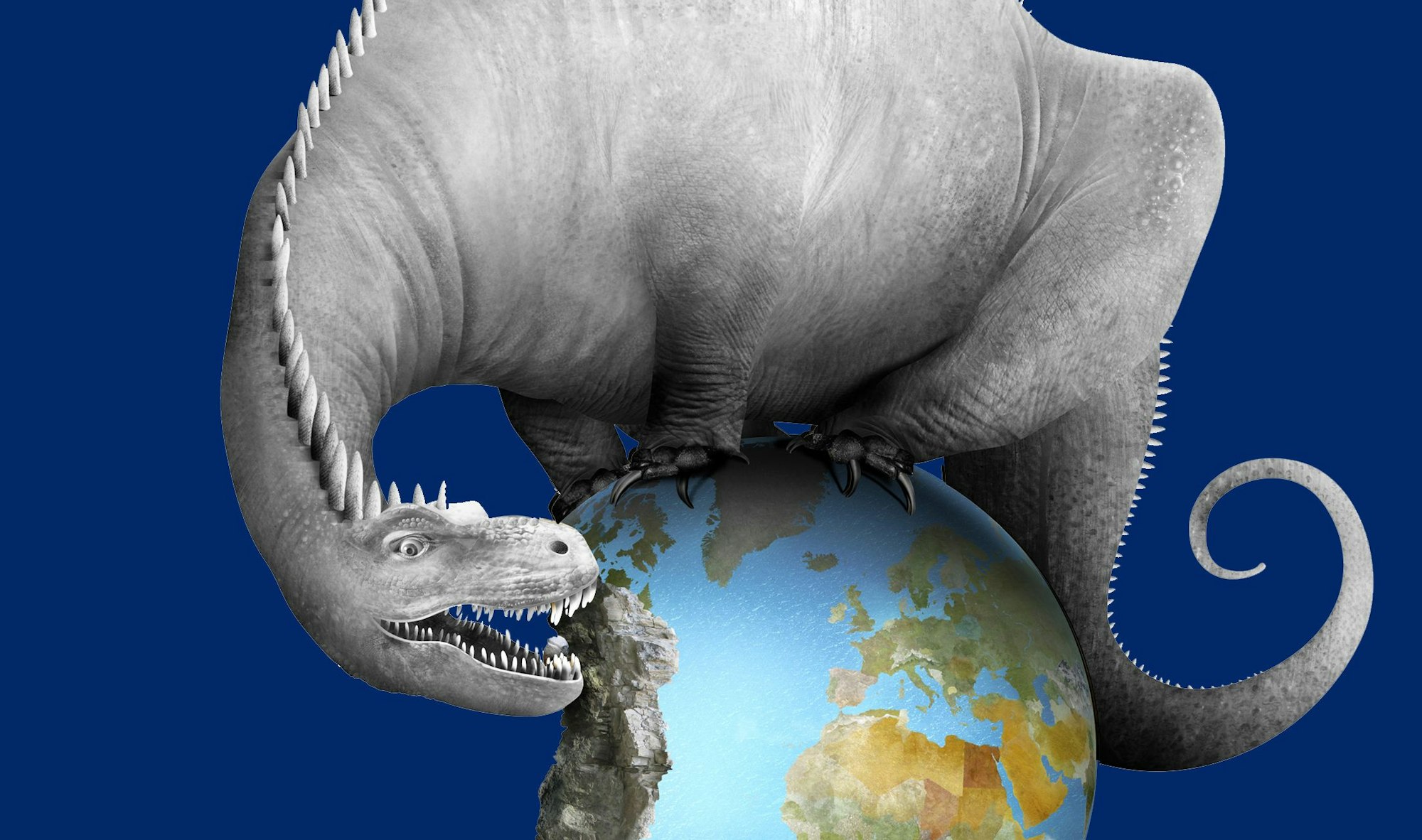 Ein Dinosaurier frisst die Welt auf.