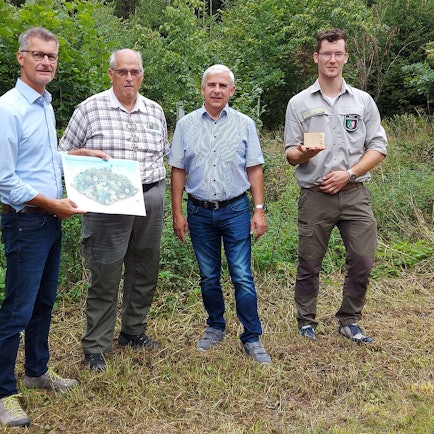 Vier Männer stehen vor einem Wald: Bürgermeister Jan Lembach (v.l.), Revierförster Ditmar Krumpen, Hans-Josef Bohnen, Vorsitzender des Forstausschusses, und Dominik Gertzen vom Regionalforstamt Hocheifel-Zülpicher Börde.