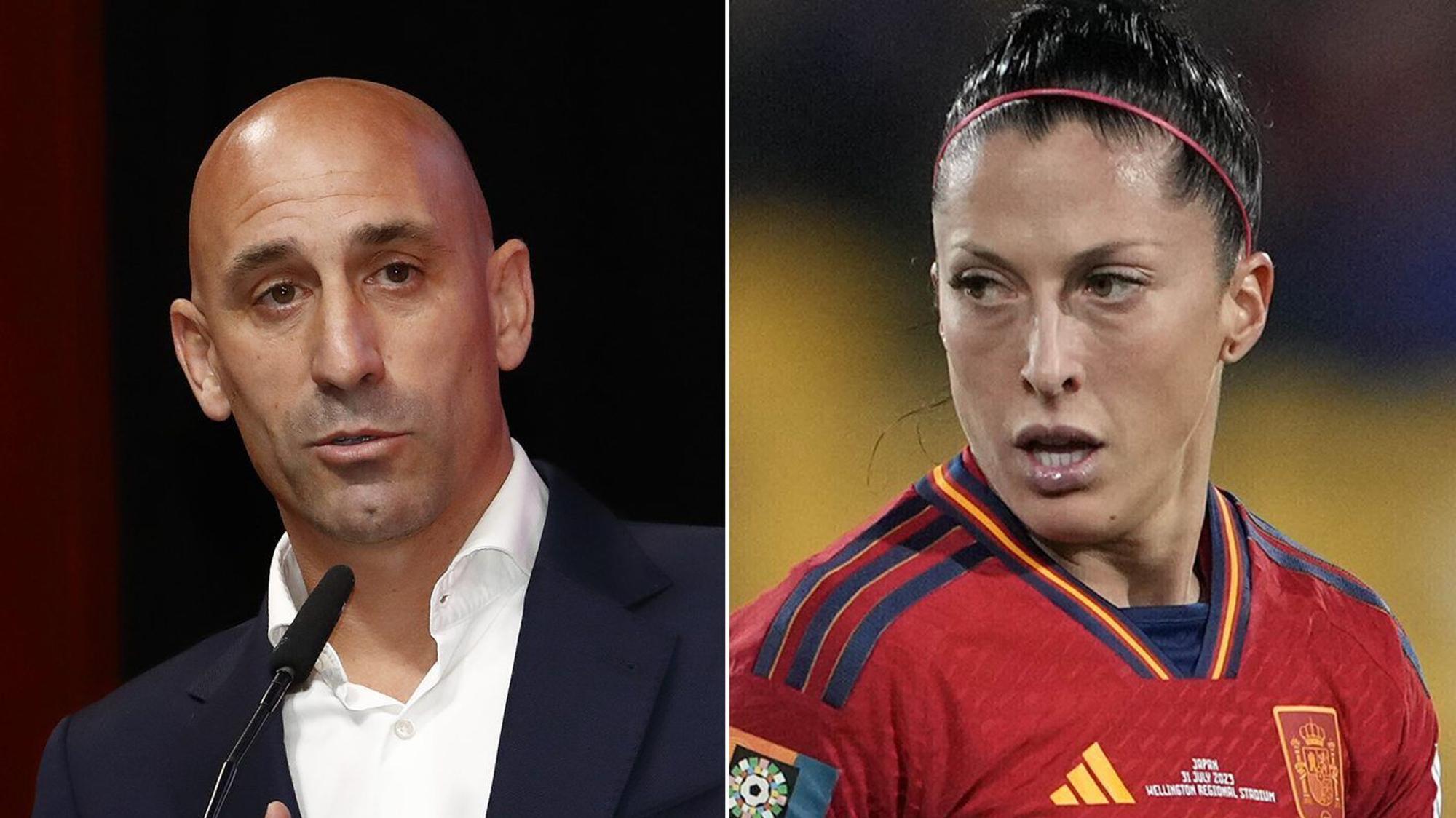 Die Bildkombo zeigt Jennifer Hermoso (r), spanische Fußballspielerin, nach einer vergebenen Torchance während des Frauenfußball-WM-Spiels der Gruppe C zwischen Japan und Spanien in Wellington, Neuseeland, am 31.07.2023 und Luis Rubiales, Präsident des spanischen Fußballverbandes RFEF, bei der Außerordentlichen Generalversammlung des Verbandes in Madrid.
