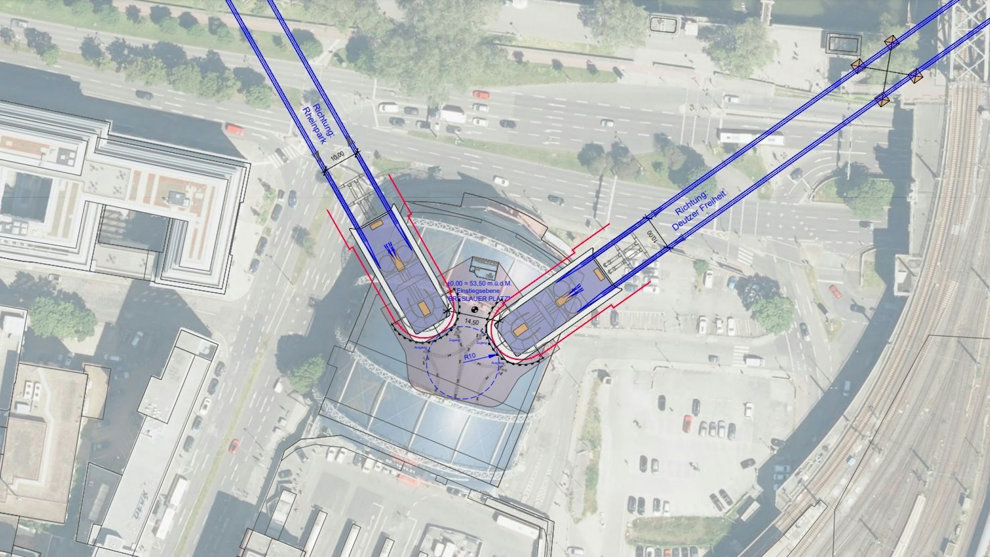 Mögliche Lage einer Haltestelle für die Seilbahn laut Machbarkeitsstudie: der Breslauer Platz. Der Musical Dome müsste dafür weichen – er war immer als Provisorium gedacht.