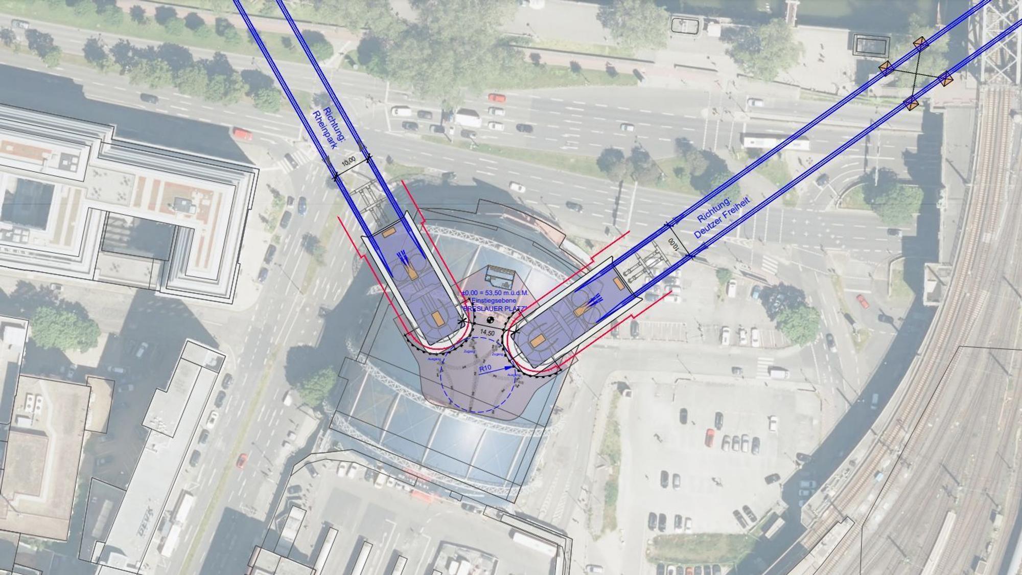 Mögliche Lage einer Haltestelle für die Seilbahn laut Machbarkeitsstudie: der Breslauer Platz. Der Musical Dome müsste dafür weichen – er war immer als Provisorium gedacht.