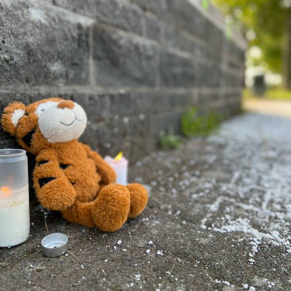 Kerzen und ein Plüsch-Tiger stehen an der Unfallstelle am Rheinufer in Köln-Niehl.