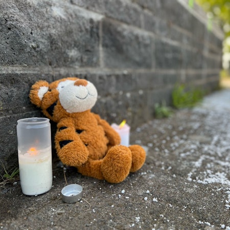 Kerzen und ein Plüsch-Tiger stehen an der Unfallstelle am Rheinufer in Köln-Niehl.