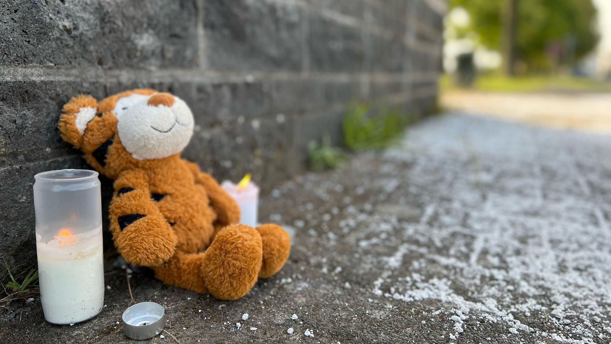 Kerzen und ein Plüsch-Tiger stehen an der Unfallstelle am Rheinufer in Köln-Niehl.