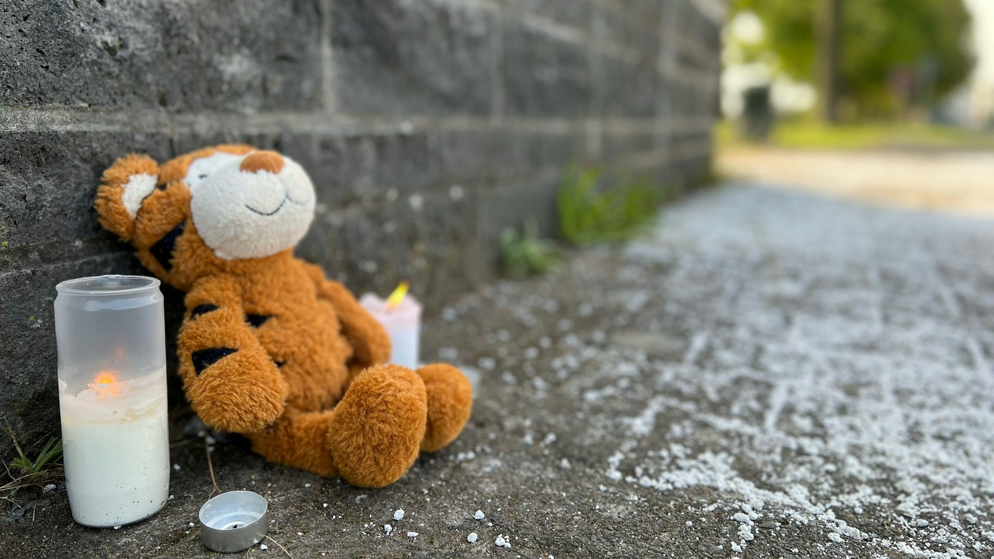 Kerzen und ein Plüsch-Tiger stehen an der Unfallstelle am Rheinufer in Köln-Niehl.