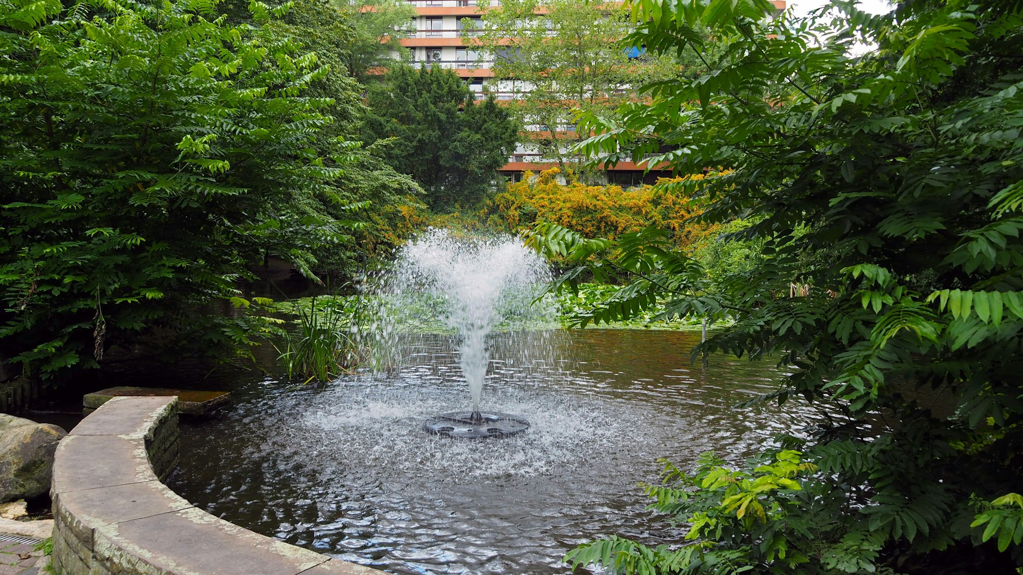 Ein Teich mit Springbrunnen in einer Parkanlage vor einem mehrstöckigen Gebäude ist zu sehen.
