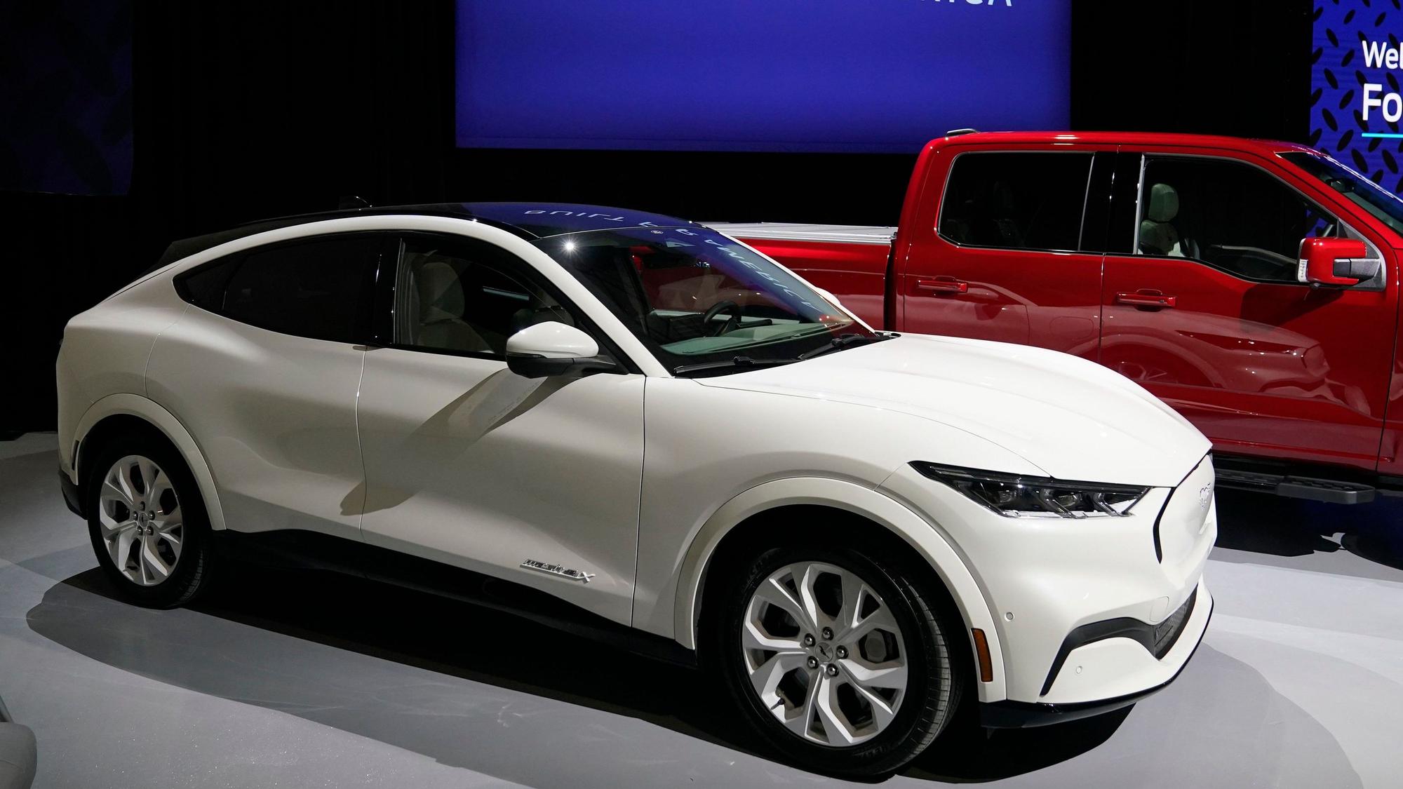The 2023 Ford Mustang Mach-E is displayed, Monday, Feb. 13, 2023, in Romulus, Mich. The automaker plans to build a $3.5 billion electric vehicle battery plant about 100 miles west of Detroit that would employ about 2,500 people. The plant was revealed Monday at a meeting of the Michigan Strategic Fund, which approved a large state tax incentive package for the project near the city of Marshall. (AP Photo/Carlos Osorio)