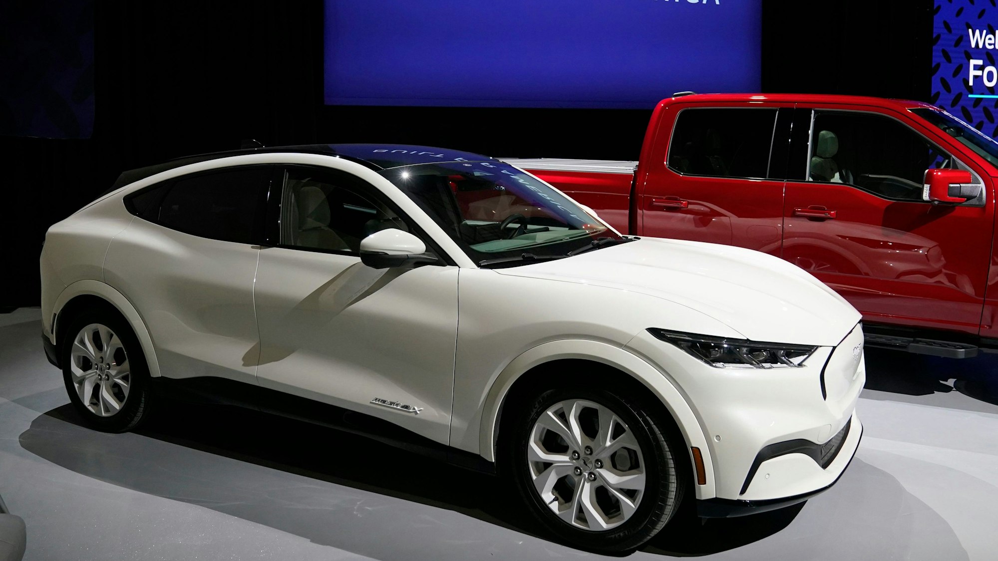 The 2023 Ford Mustang Mach-E is displayed, Monday, Feb. 13, 2023, in Romulus, Mich. The automaker plans to build a $3.5 billion electric vehicle battery plant about 100 miles west of Detroit that would employ about 2,500 people. The plant was revealed Monday at a meeting of the Michigan Strategic Fund, which approved a large state tax incentive package for the project near the city of Marshall. (AP Photo/Carlos Osorio)