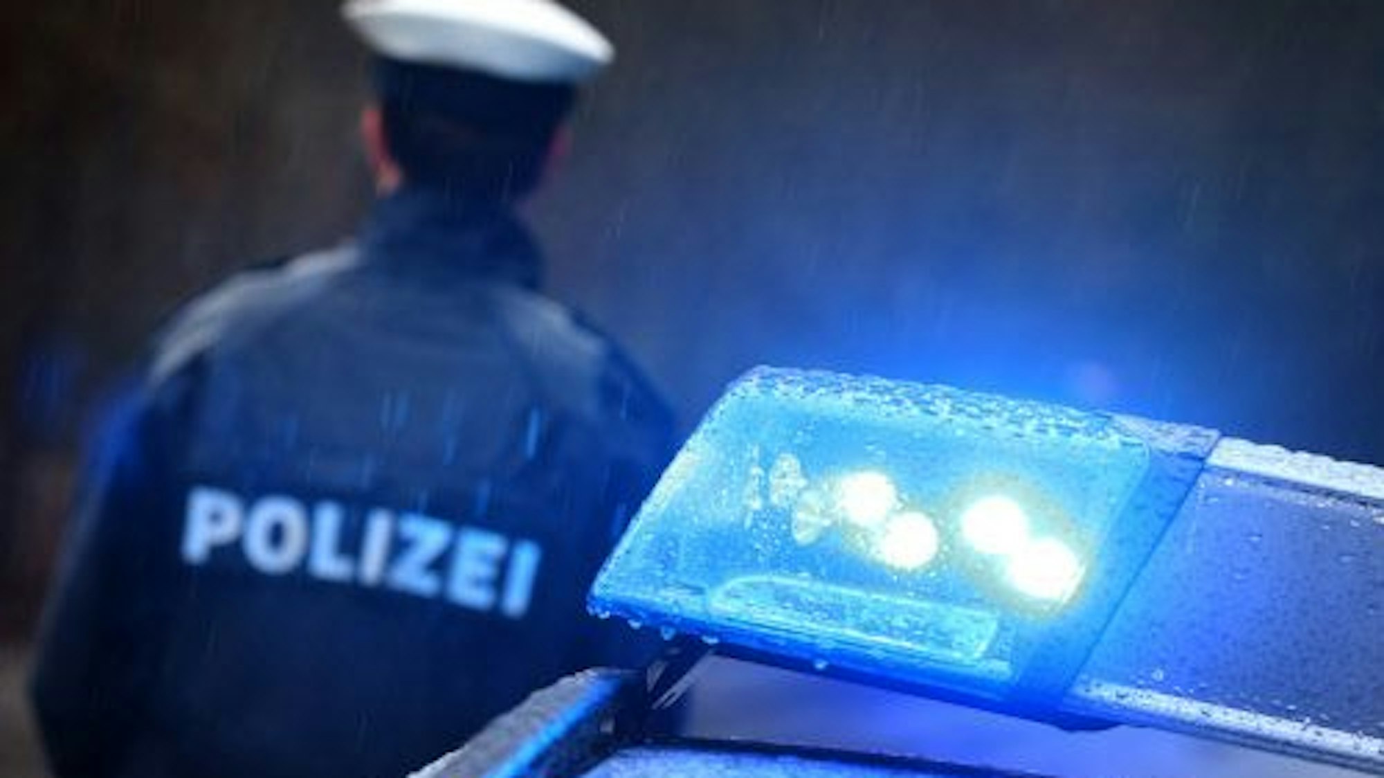 Symbolbild zeigt Blaulicht und die Rückseite eines uniformierten Polizisten.