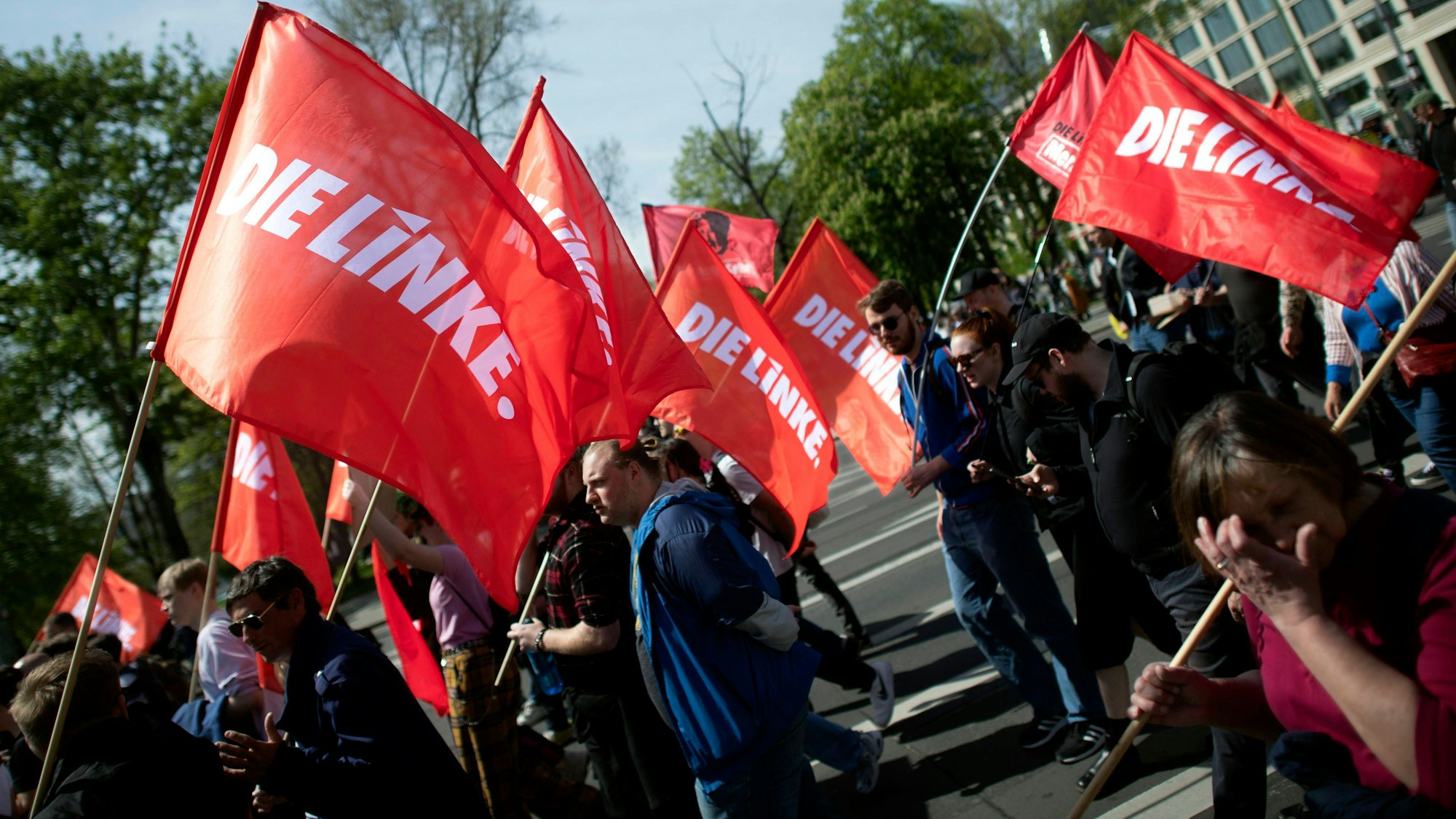 Demonstranten schwenken Fahnen der Partei "Die Linke".