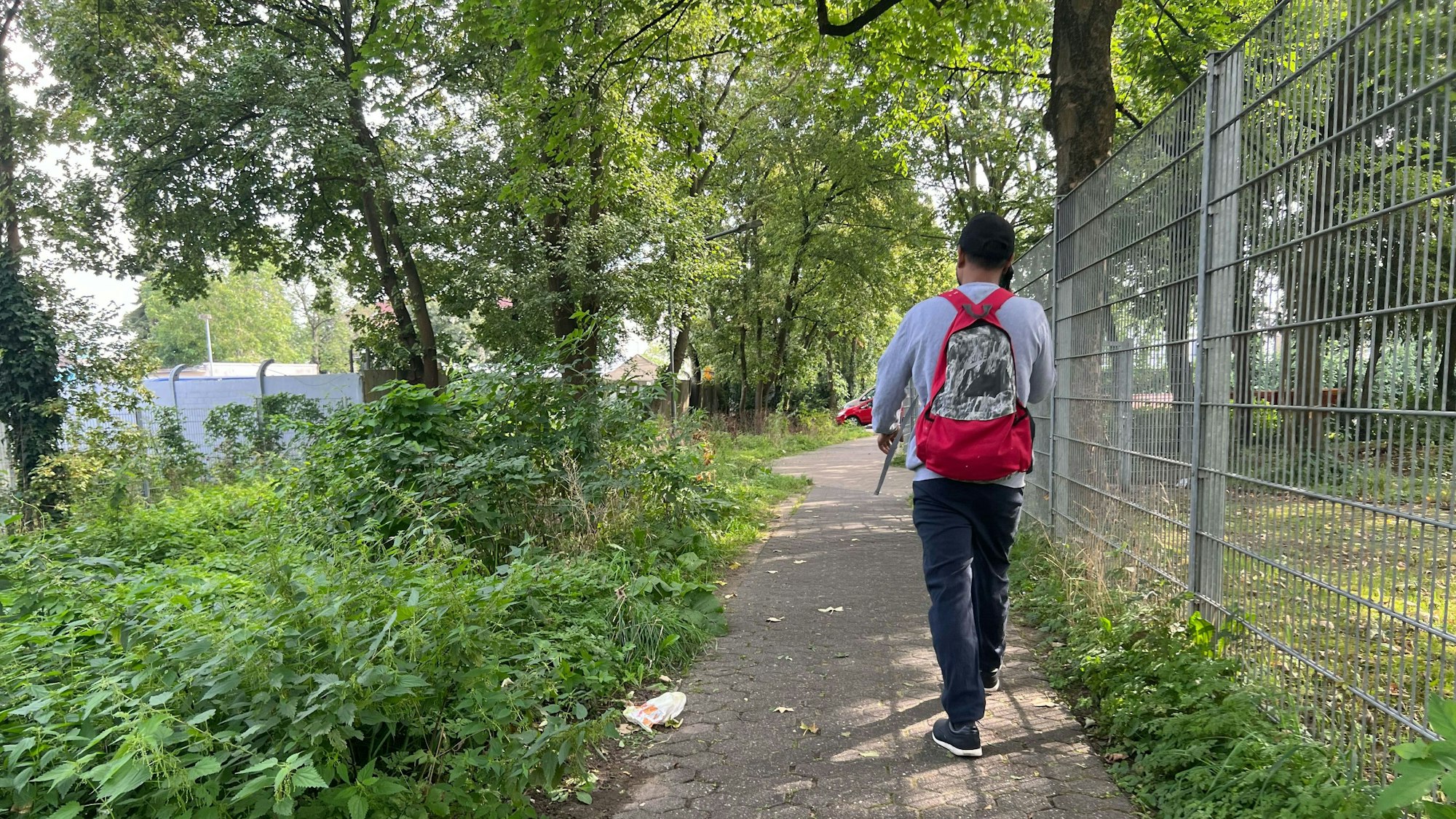 Ein Fußgänger geht einen schmalen Weg zwischen einem Zaun und Gestrüpp entlang.