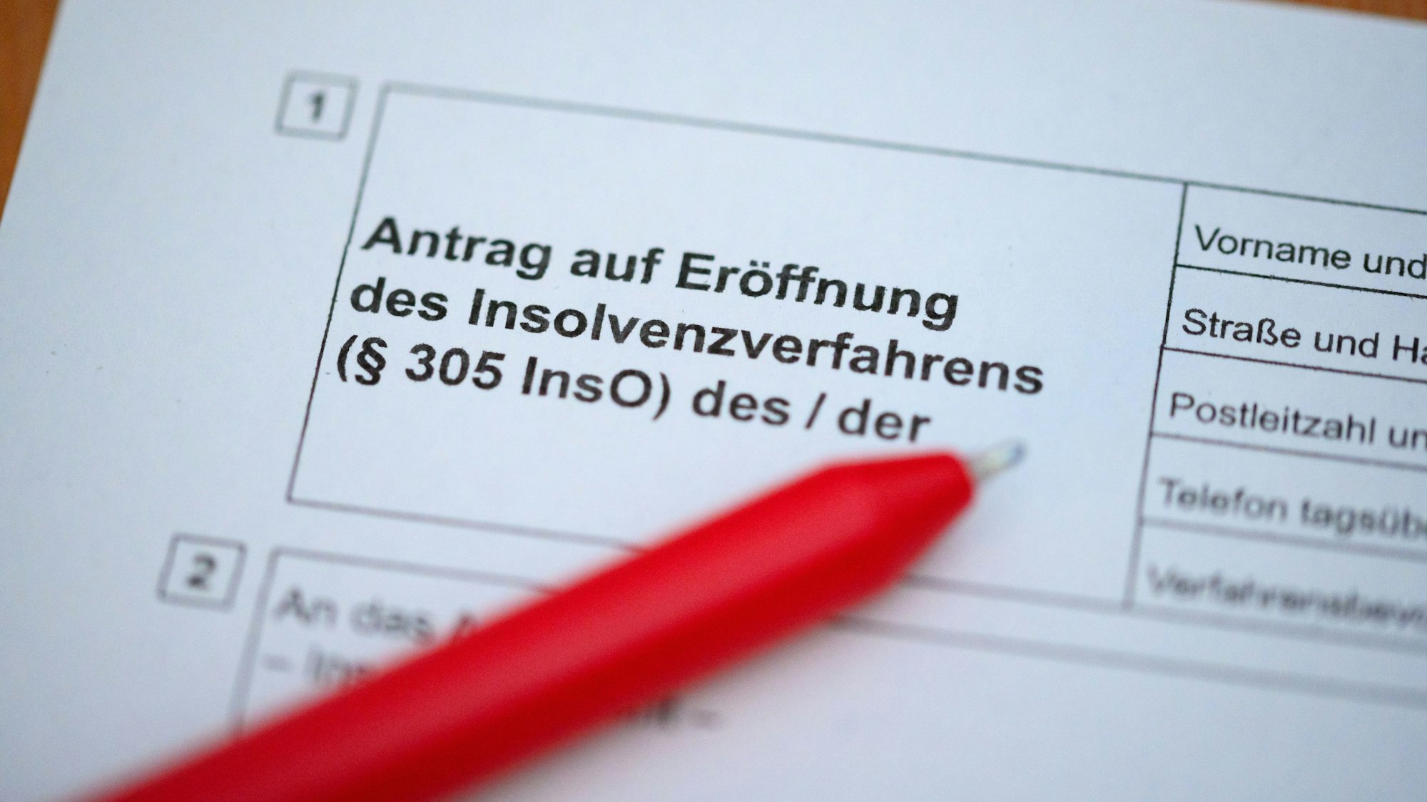 Ein Kugelschreiber liegt auf einem Antrag zur Eröffnung eines Insolvenzverfahrens.