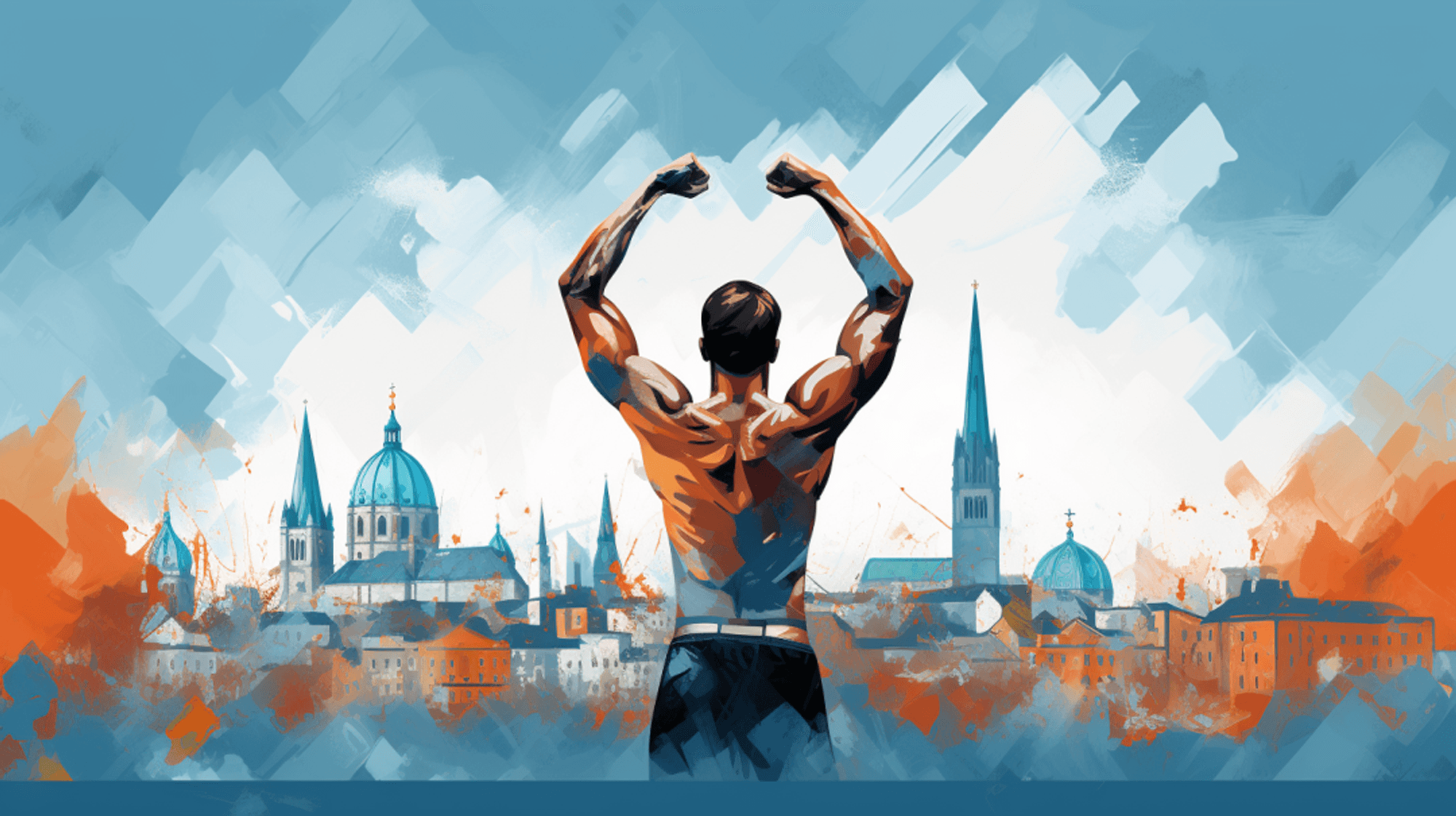 Eine Illustration zeigt einen Mann, der seine Muskeln präsentiert - im Hintergrund die Skyline einer fiktiven Stadt.