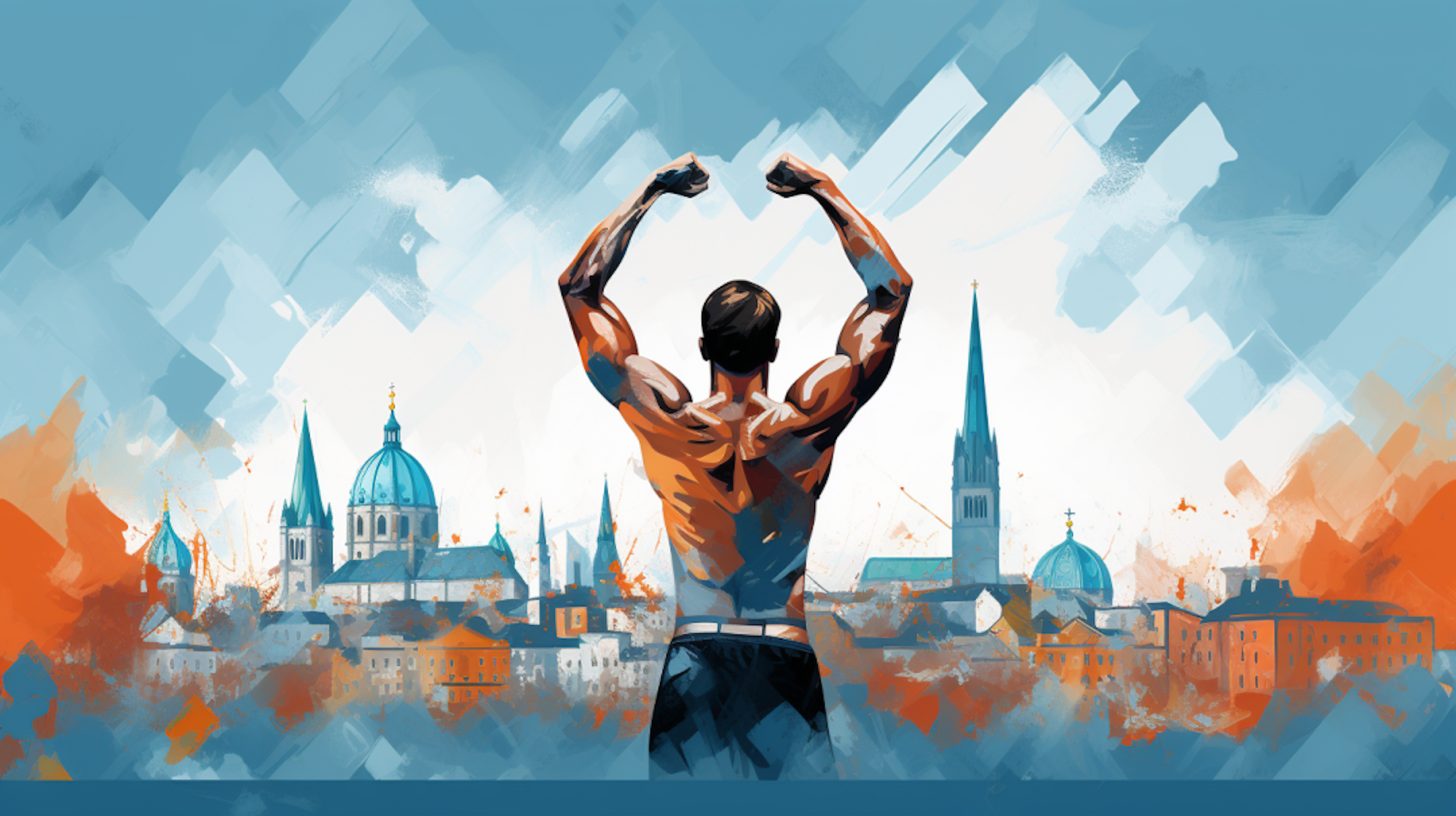 Eine Illustration zeigt einen Mann, der seine Muskeln präsentiert - im Hintergrund die Skyline einer fiktiven Stadt.