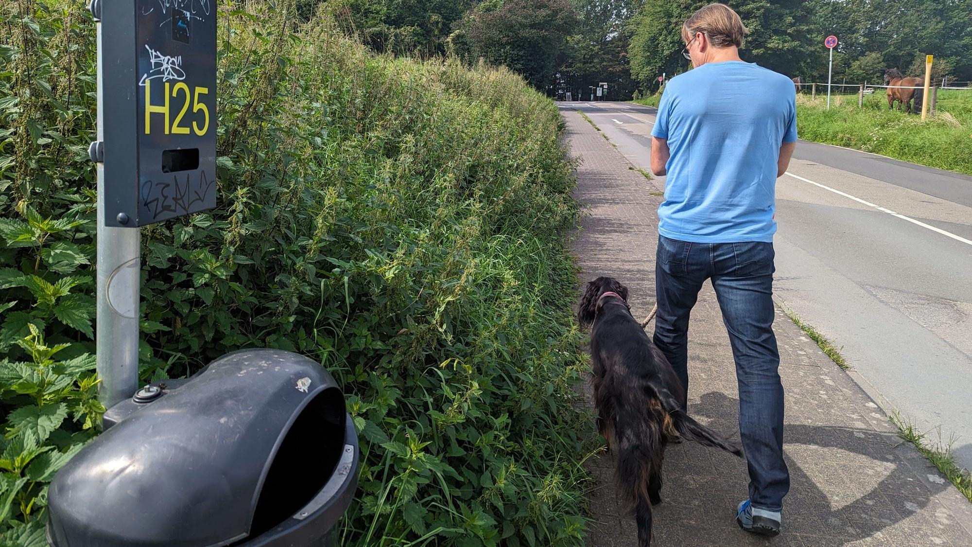 Das Bild zeigt einen Mann mit Hund an einem Spender für Hundekotbeutel.