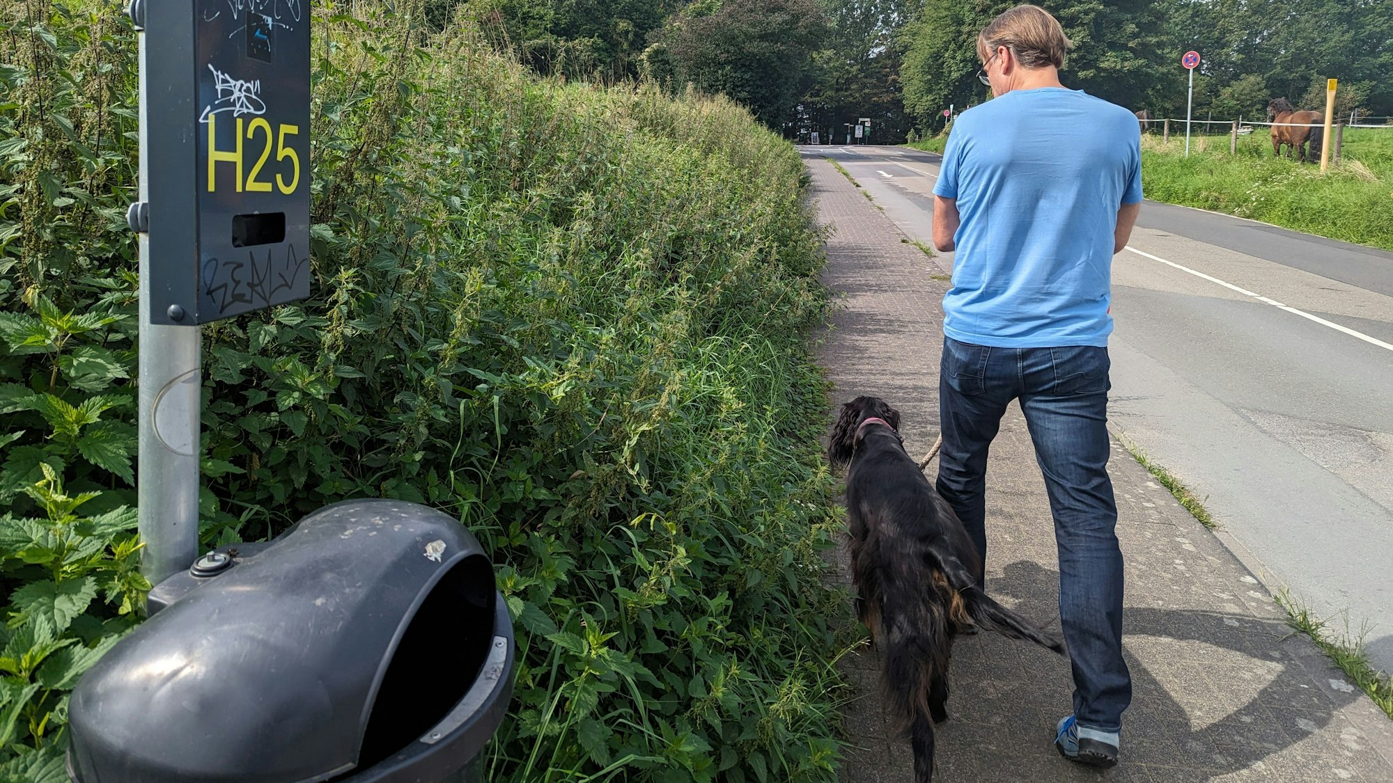 Das Bild zeigt einen Mann mit Hund an einem Spender für Hundekotbeutel.