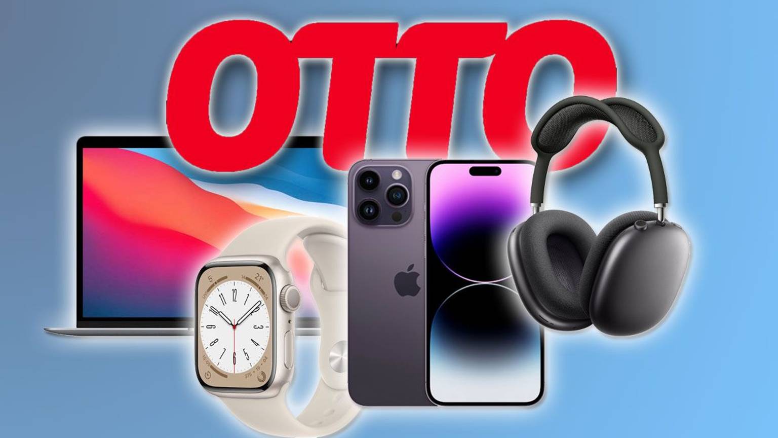 Otto Logo, Apple MacBook Air, iPhone 14, Apple Watch Series 8, Apple AirPods Pro Max.