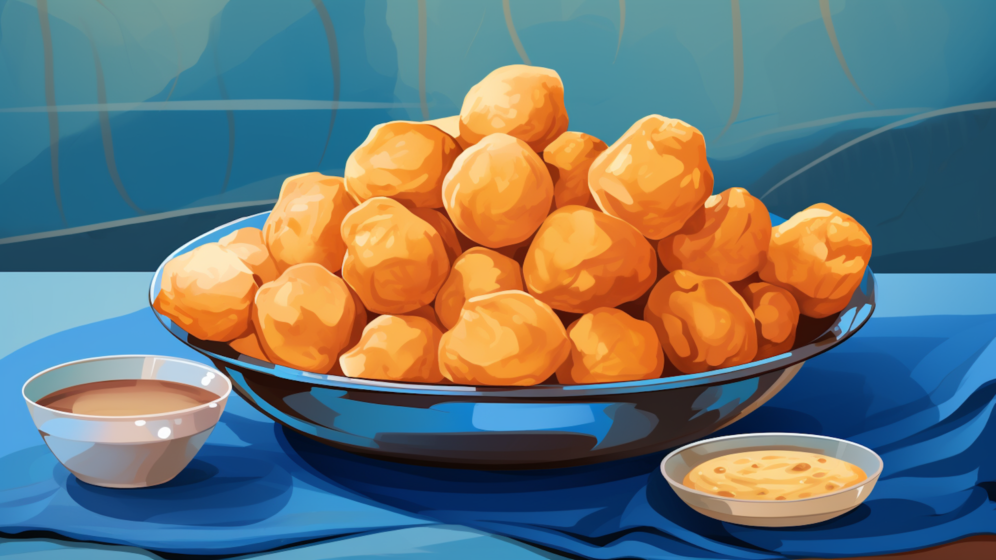 Eine Schüssel Pani Puri steht neben zwei Schalen mit Dip auf dem Tisch.