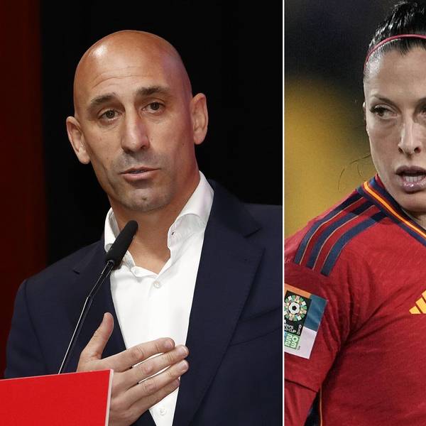 Die Bildkombo zeigt Jennifer Hermoso (r), spanische Fußballspielerin, und Luis Rubiales, Präsident des spanischen Fußballverbandes RFEF.