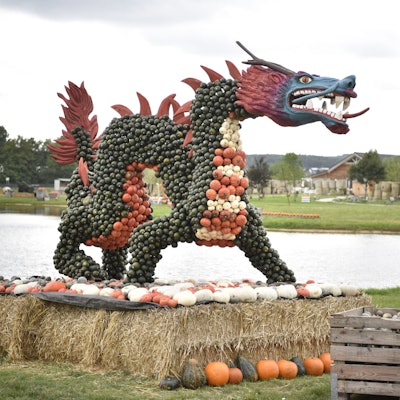 Ein aus grünen, orangen und hellen Kürbissen gebauter Drache an einem See steht auf Strohballen. Im Hintergrund sind weitere Kürbisse zu erkennen.