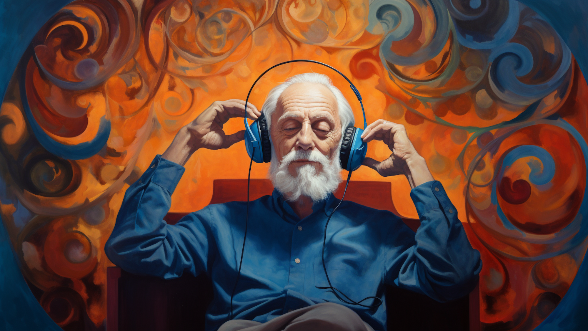 Ein älterer Mann hat Kopfhörer auf und hört entspannt Musik.