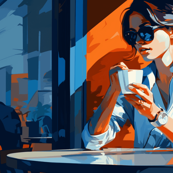 Eine Frau in eleganter Kleidung trinkt einen Kaffee.