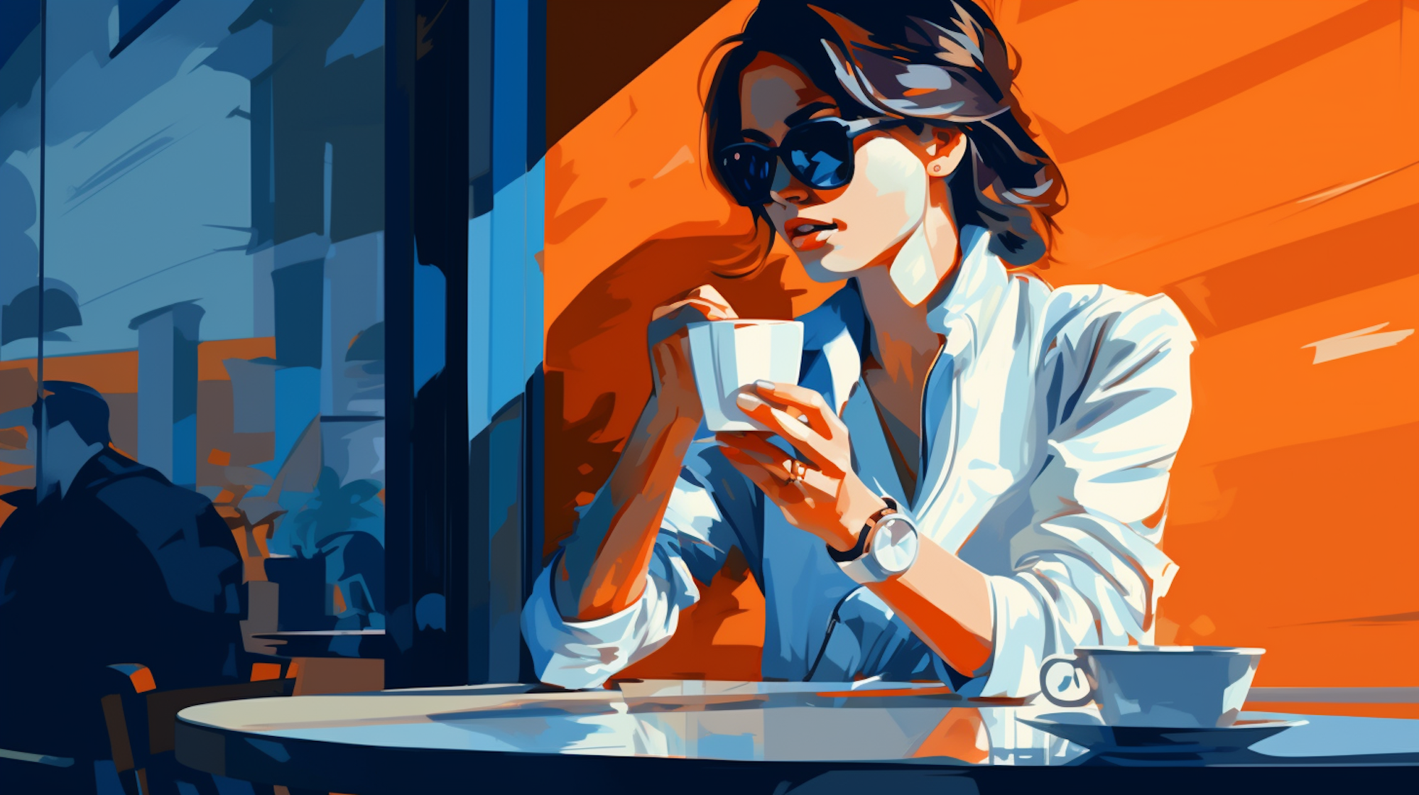 Eine Frau in eleganter Kleidung trinkt einen Kaffee.
