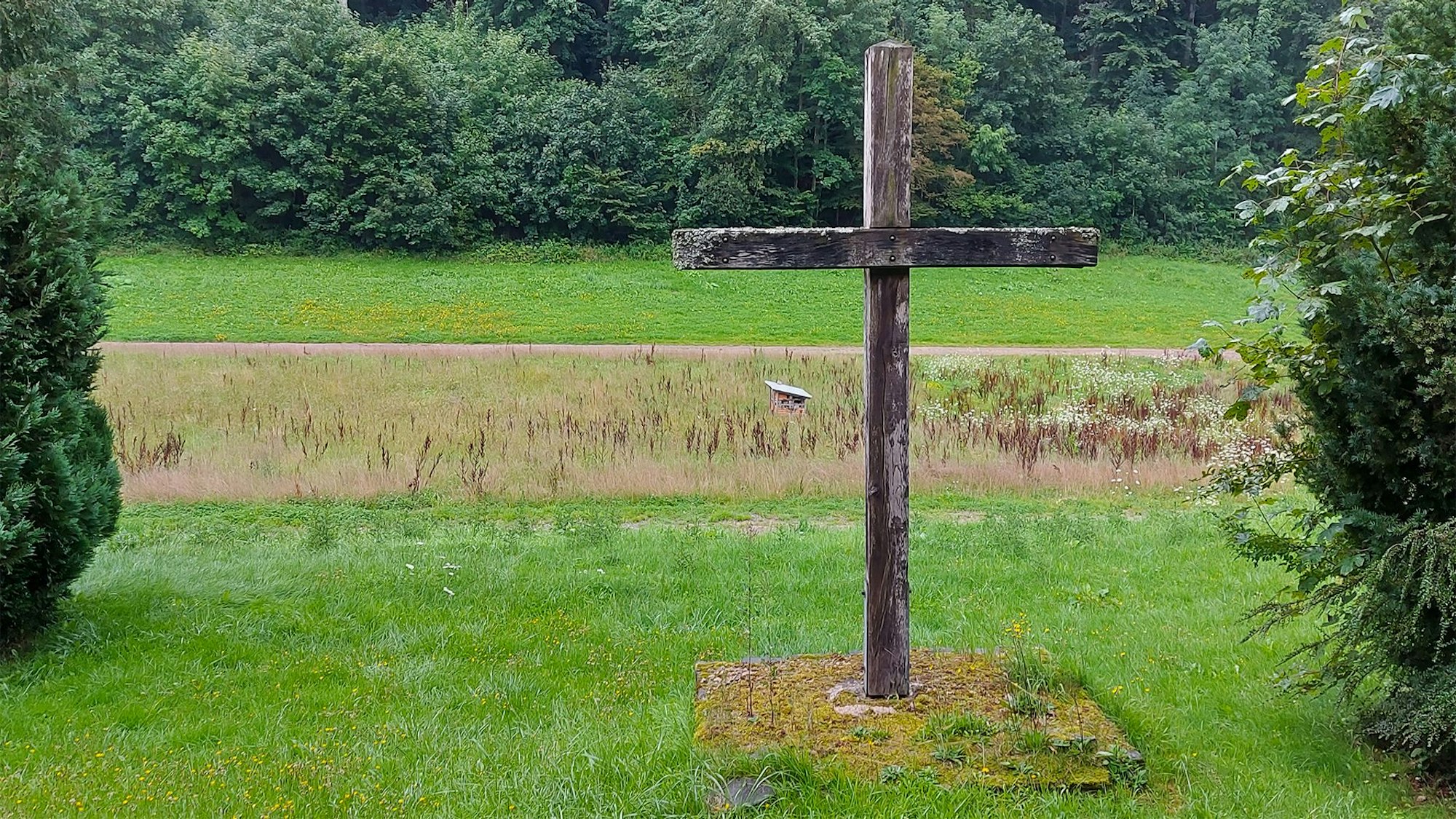 Ein Holzkreuz steht auf einer Rasenfläche, wo sich einst ein Friedhof befunden hat.