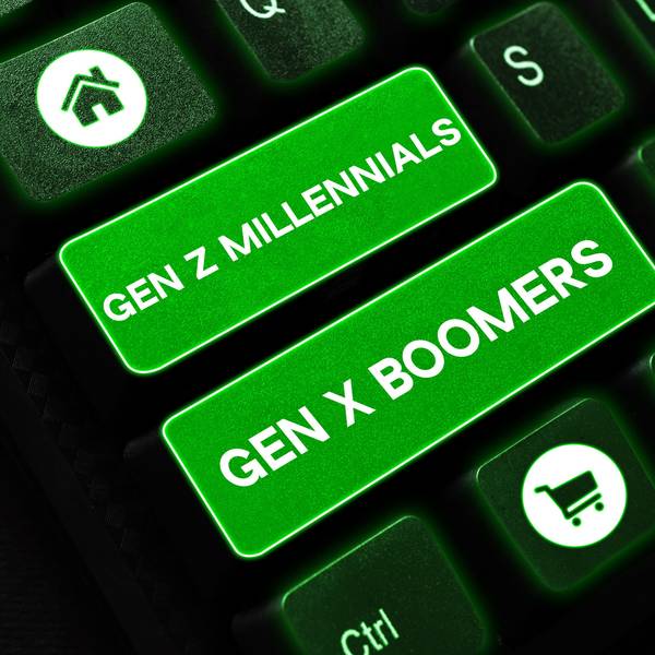 Auf einer Computertastatur sind zwei Tasten mit der Aufschrift "Gen Z Millennials" und "Gen X Boomers" belegt.