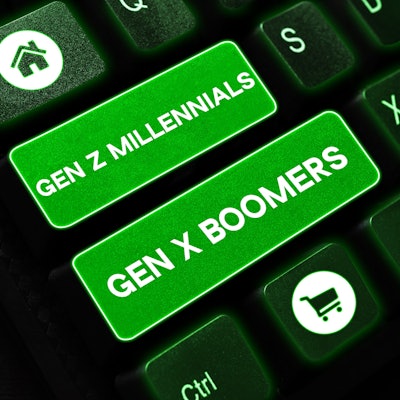 Auf einer Computertastatur sind zwei Tasten mit der Aufschrift "Gen Z Millennials" und "Gen X Boomers" belegt.