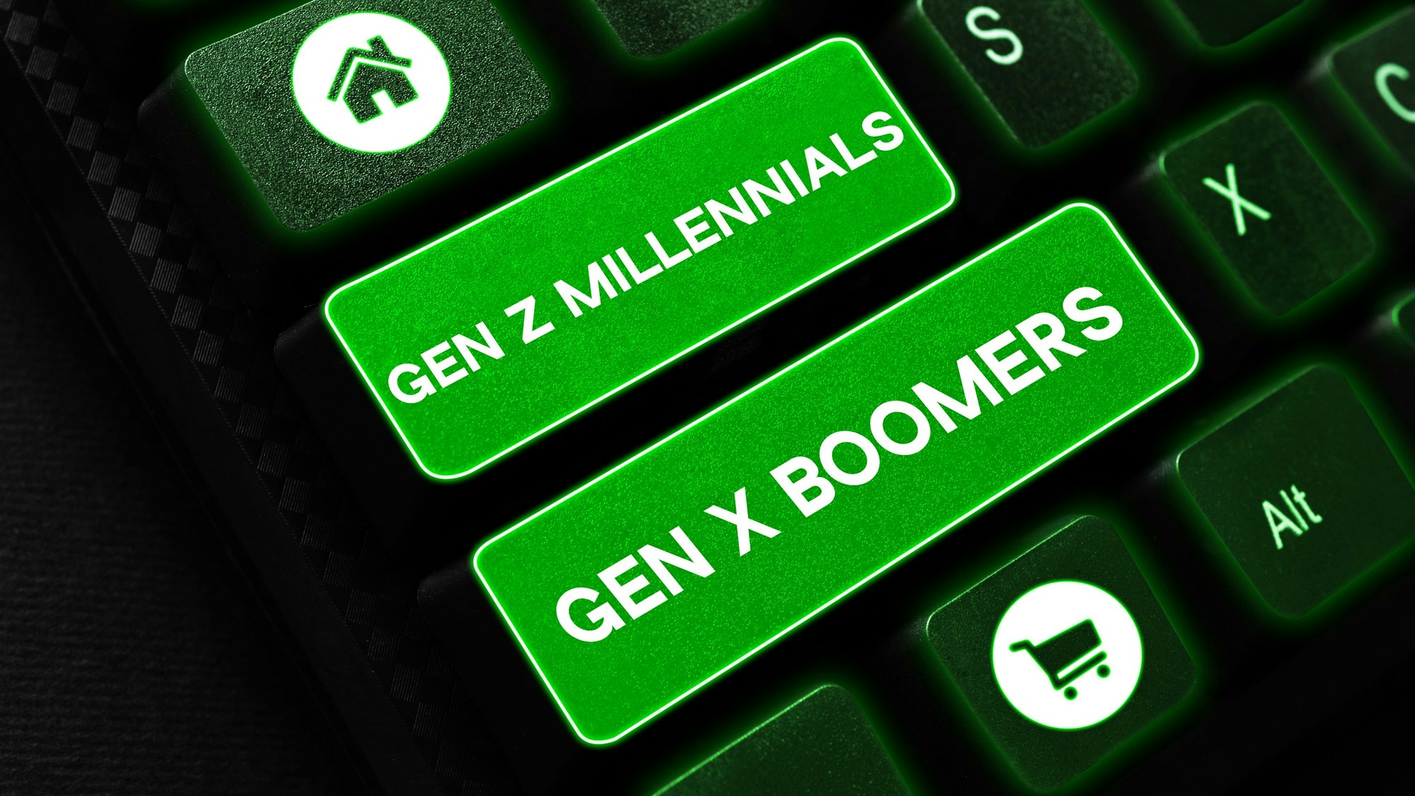 Auf einer Computertastatur sind zwei Tasten mit der Aufschrift "Gen Z Millennials" und "Gen X Boomers" belegt.