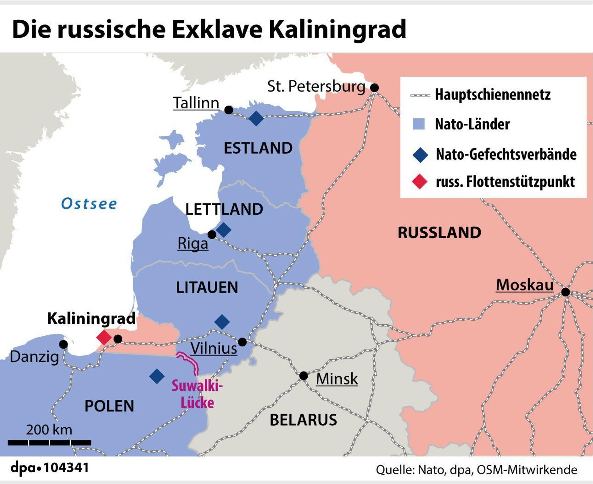 Grafik-Karte Nr. 104341, Querformat 110 x 85 mm, "Verortung: Exklave Kaliningrad/Litauen/Russland"; Grafik: A. Brühl, Redaktion: J. Schneider