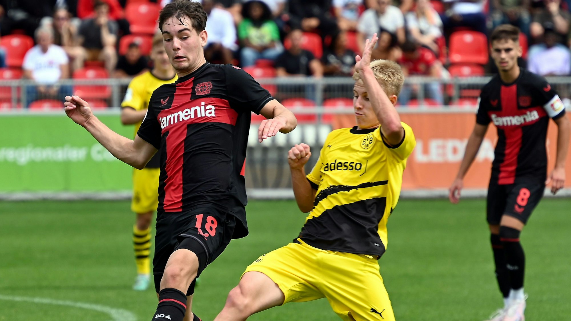 13.08.2023, Fussball-U19-Bayer 04-Dortmund
links: Reno Münz (Bayer)
Foto: Uli Herhaus