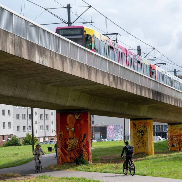 Eine Bahn fährt auf einer Hochtrasse, darunter sind zwei Radler und Wege und eine Wiese zu sehen.