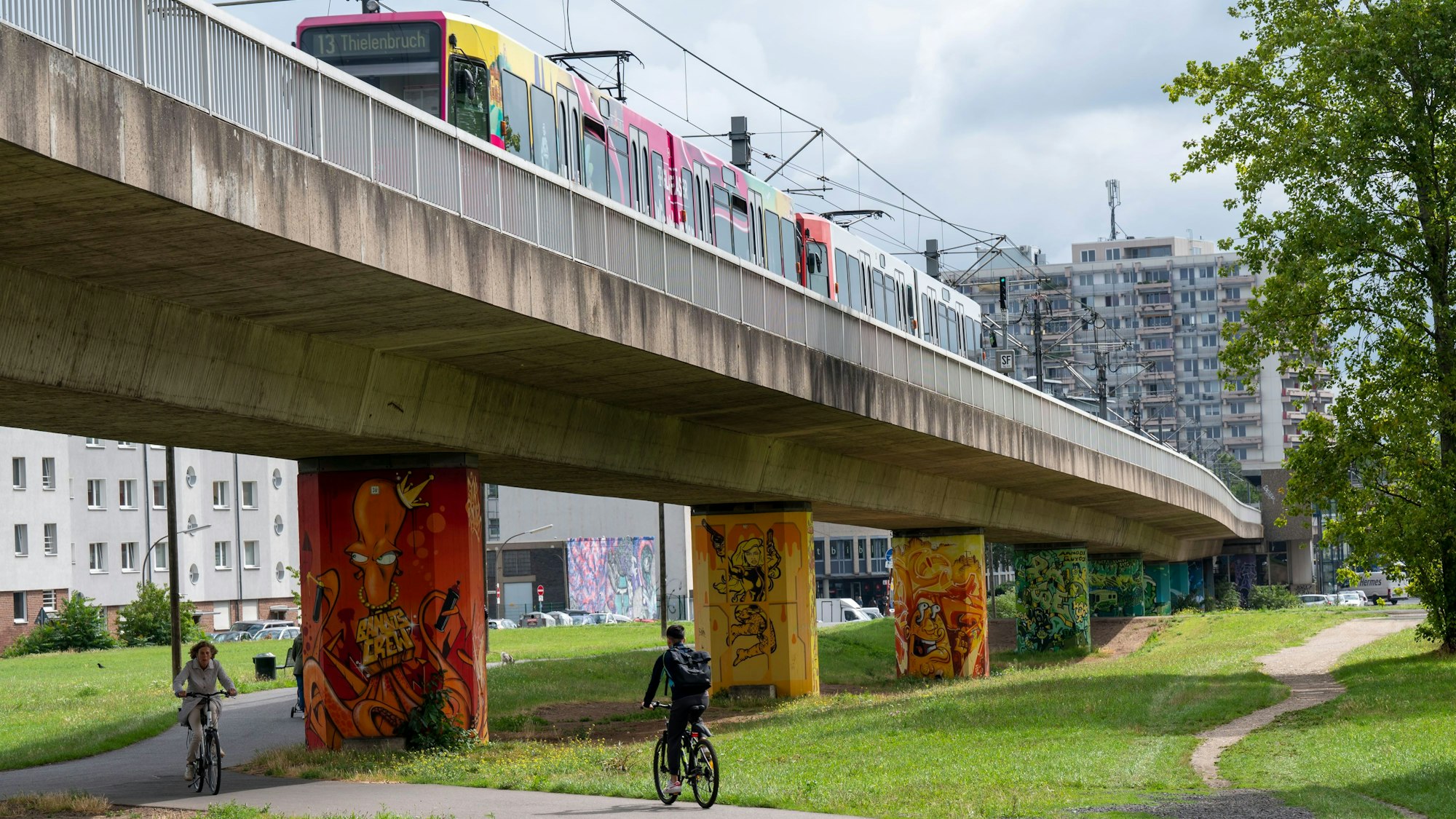 Eine Bahn fährt auf einer Hochtrasse, darunter sind zwei Radler und Wege und eine Wiese zu sehen.