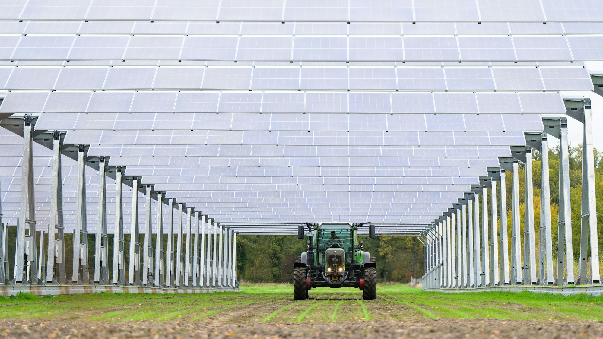 Blick auf eine große Photovoltaikanlage, unter der ein Traktor hindurchfährt.
