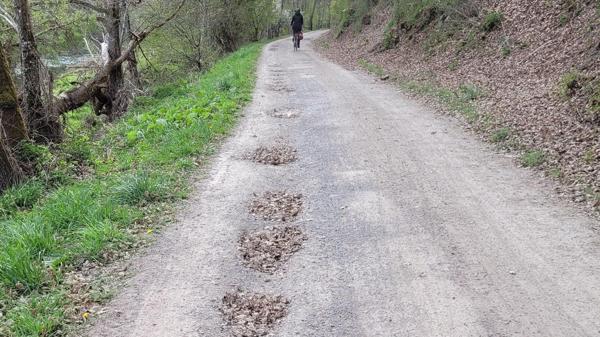 Zu sehen ist ein Weg mit mehreren Schlaglöchern.