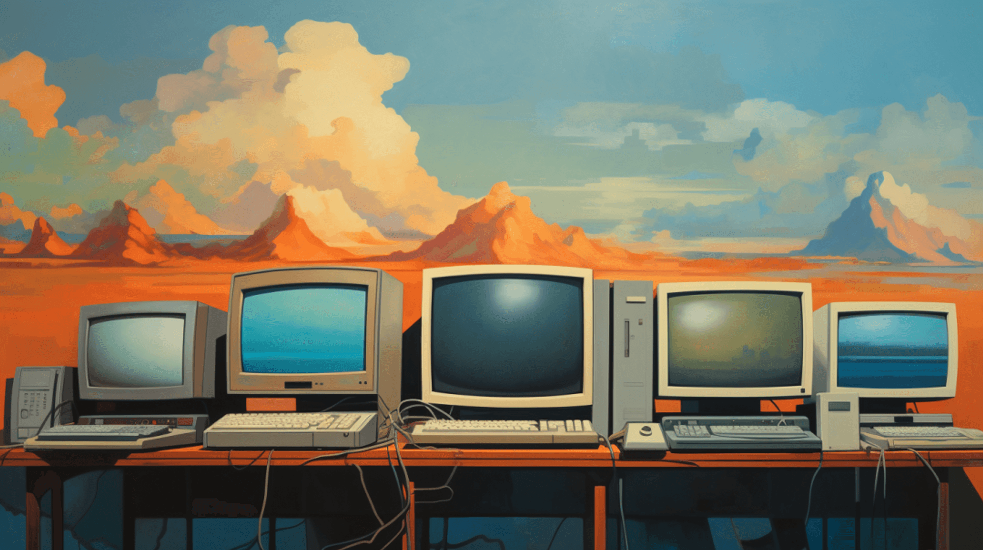 Eine Illustration zeigt historische Computer, die nebeneinander auf einem Tisch stehen.