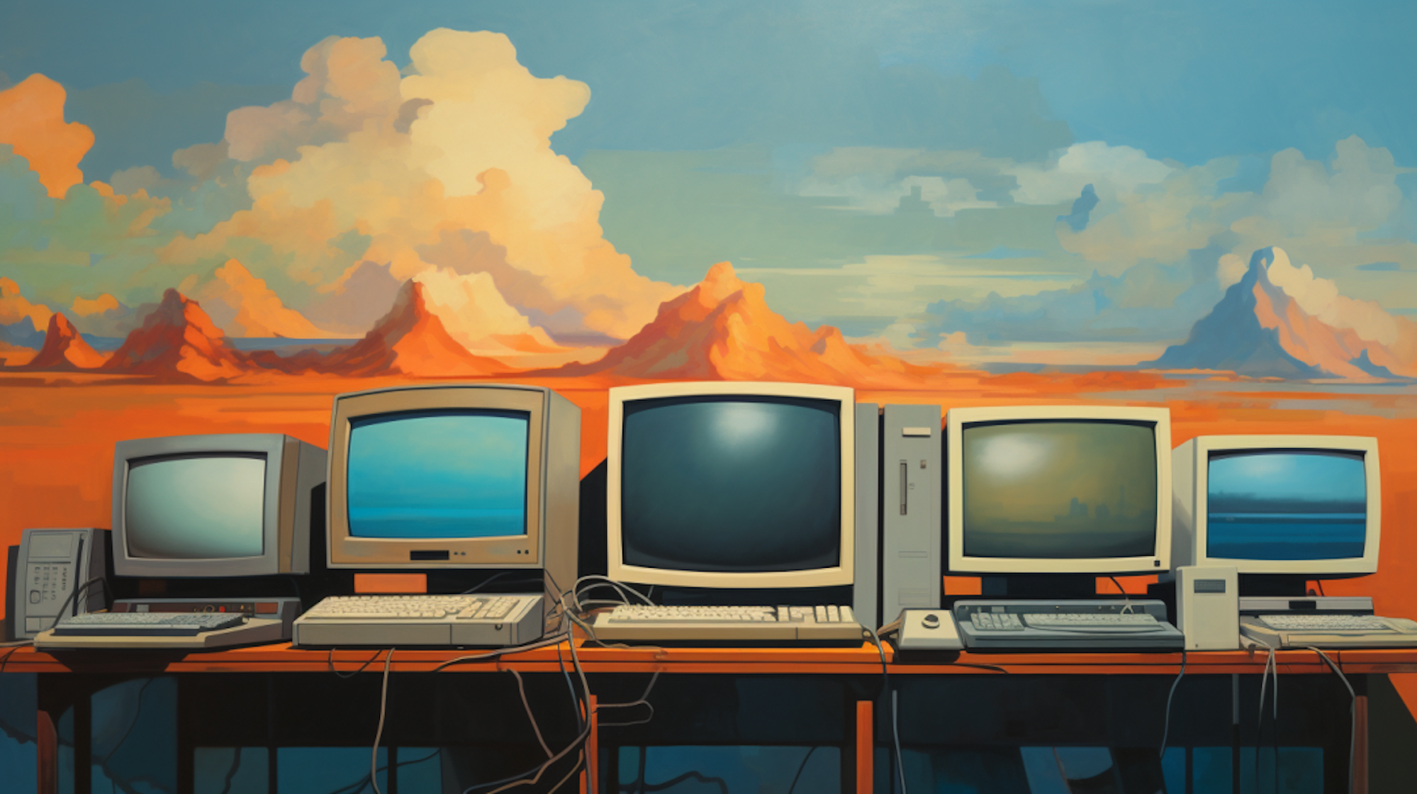Eine Illustration zeigt historische Computer, die nebeneinander auf einem Tisch stehen.