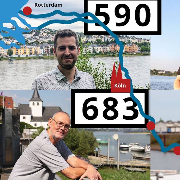 Vier Männer im Porträt als Collage, dazwischen fließt der Rhein