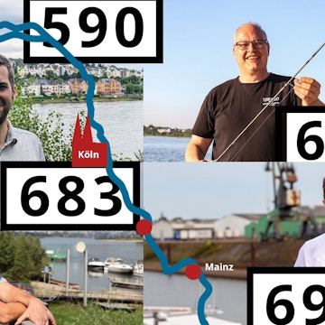 Vier Männer im Porträt als Collage, dazwischen fließt der Rhein