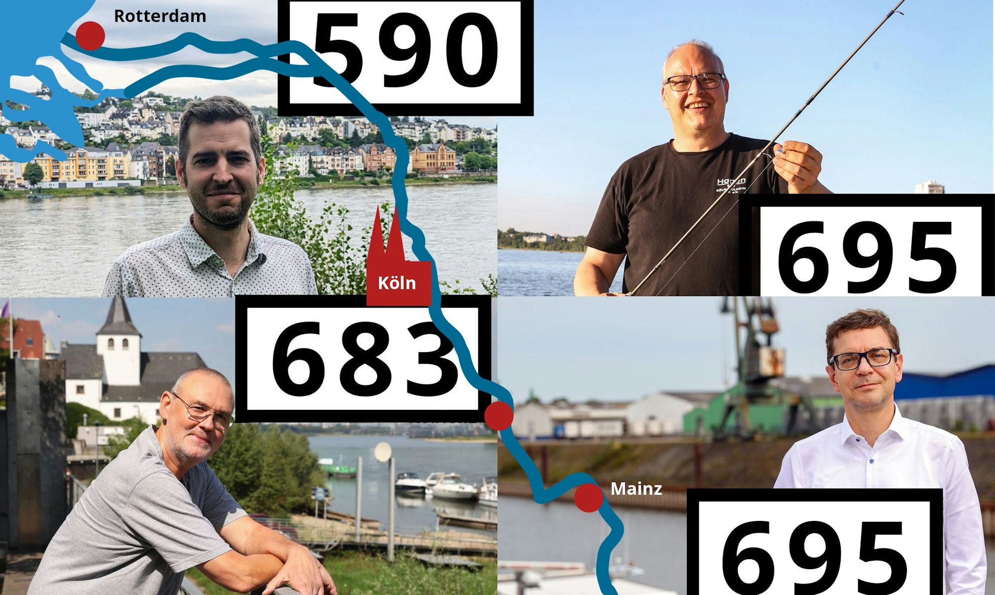 Vier Männer im Porträt als Collage, dazwischen fließt der Rhein