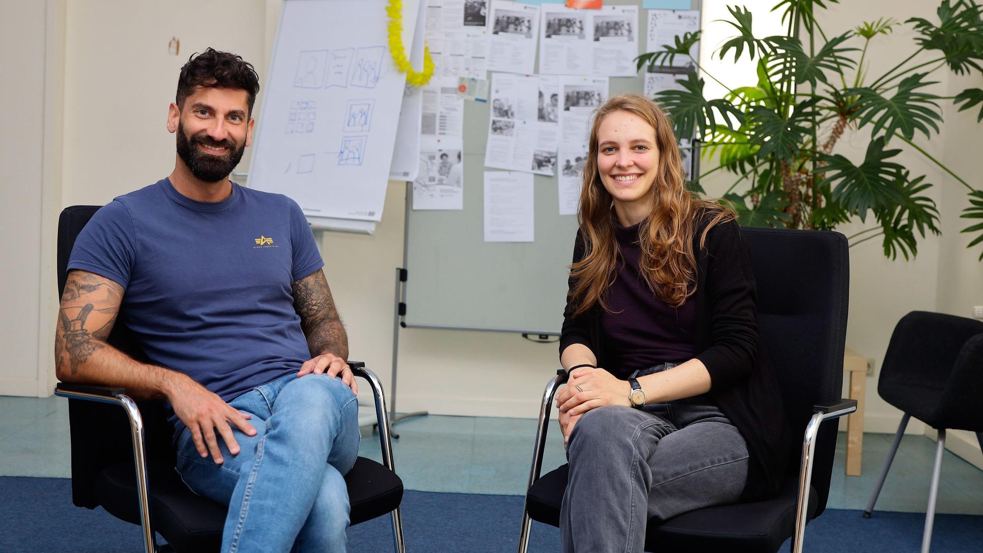 Porträt von Idàn Sagiv Richter (rubicon) und Antonina Reiners (Caritas) vom Beratungsangebot für queere Migranten