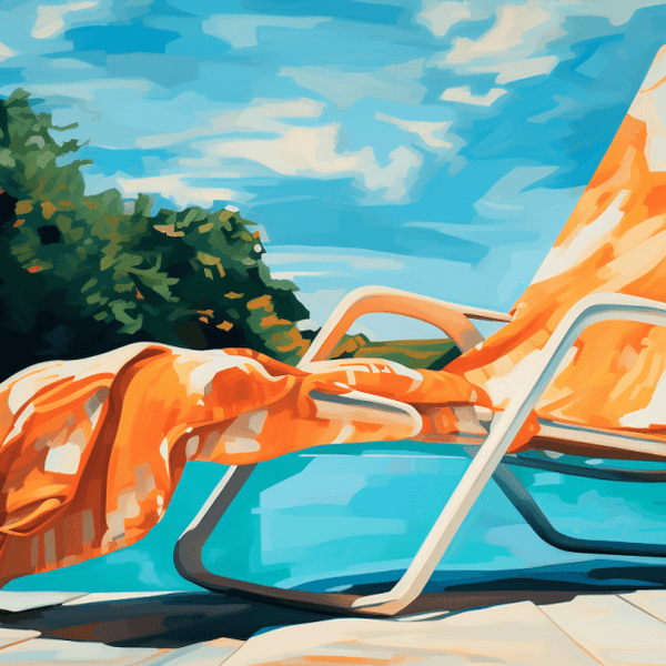 Eine Illustration zeigt ein Handtuch, das auf einem Liegestuhl neben einem Swimmingpool liegt.