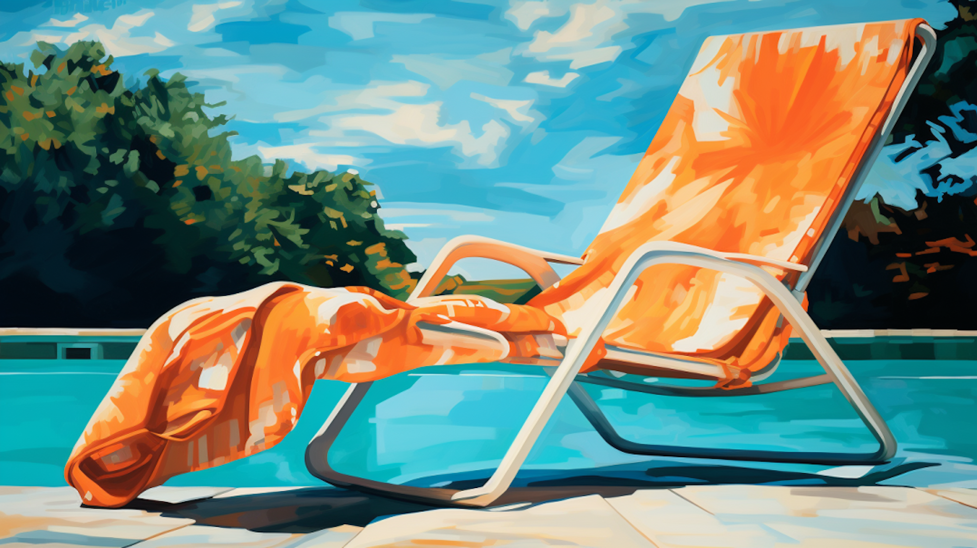 Eine Illustration zeigt ein Handtuch, das auf einem Liegestuhl neben einem Swimmingpool liegt.