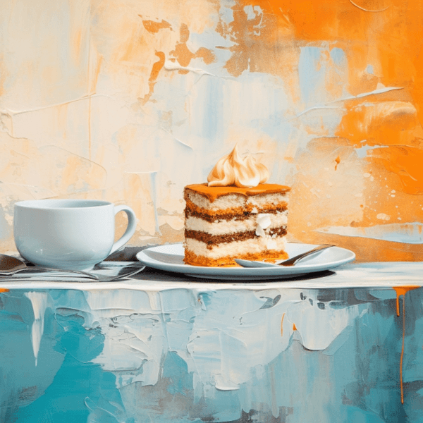 Eine Illustration zeigt eine Portion Tiramisù auf einem Teller, daneben steht auf dem Tisch eine Tasse Kaffee.