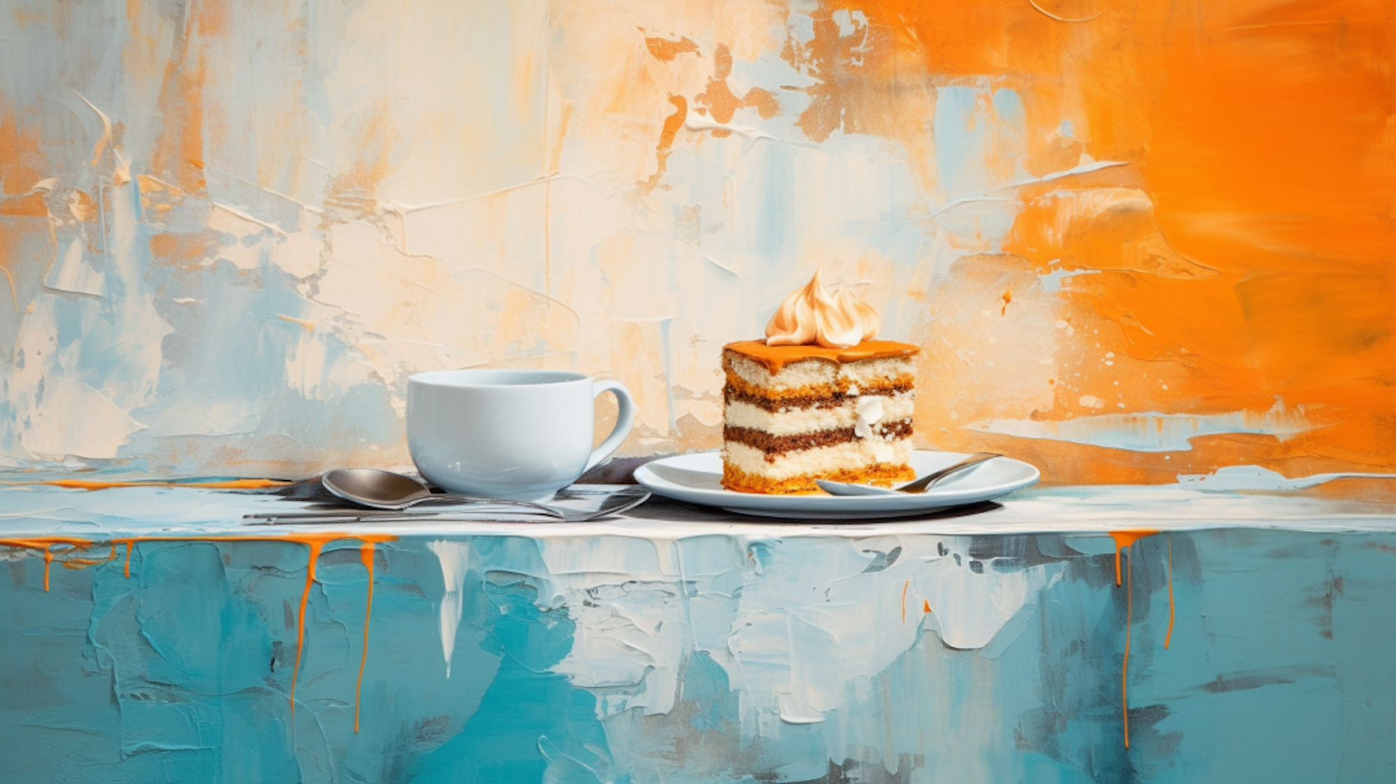 Eine Illustration zeigt eine Portion Tiramisù auf einem Teller, daneben steht auf dem Tisch eine Tasse Kaffee.